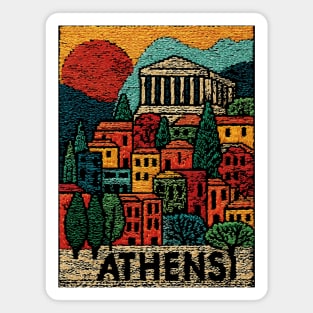 Athens Greece Vintage Embroidered Travel Poster | Retro Greek Landmark Souvenir Magnet